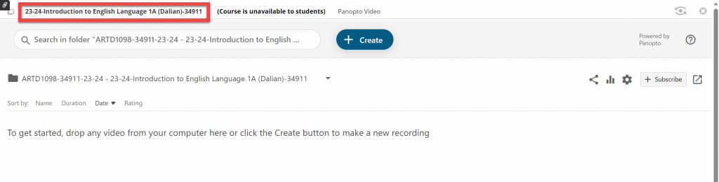 A screenshot showing a loaded Panopto course folder.
