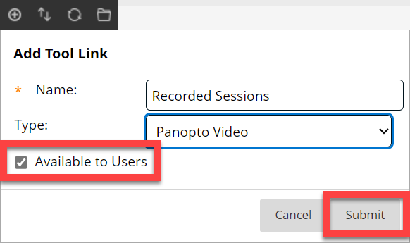 A screenshot of the Blackboard add tool link box with Panopto video added and ready to submit