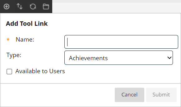 A screenshot of the Blackboard add tool link box with empty data.
