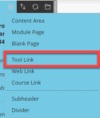 A screenshot of the expanded out add menu item box showing tool link highlighted.