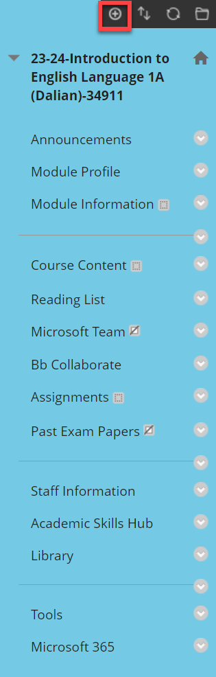A screenshot of a Blackboard course menu list with the add new menu item highlighted from the top.