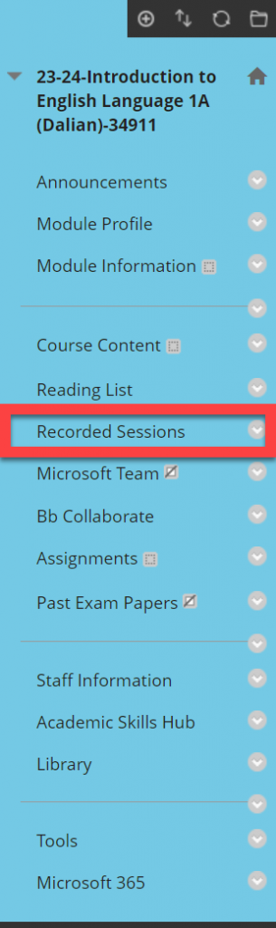 A screenshot showing a course left menu list with Recorded Sessions highlighted.