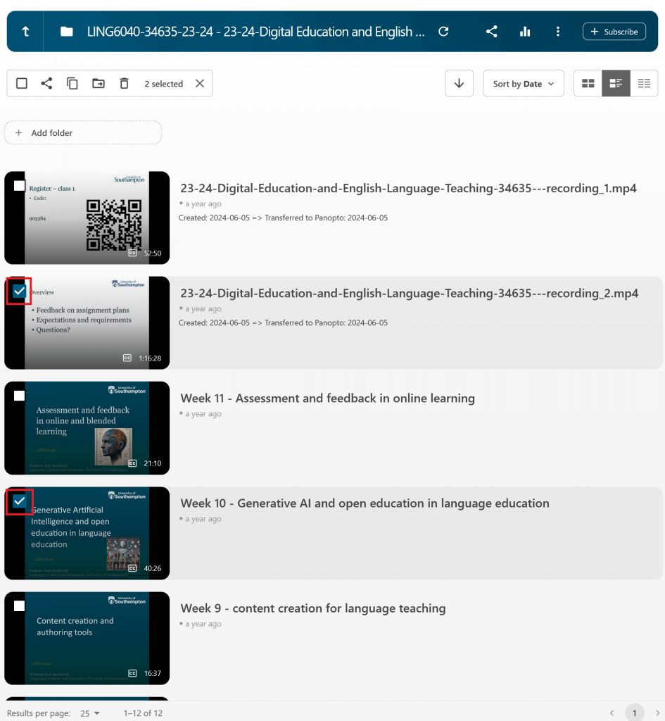 A focused view of a Panopto course folder page. It shows a list of recording previews where some have been selected.