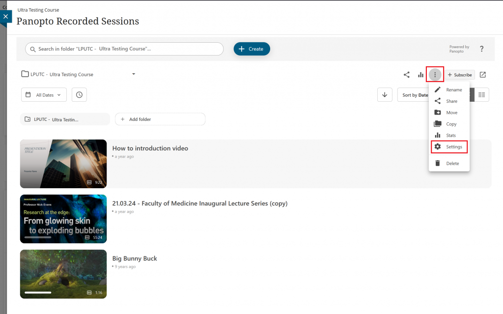 Panopto courses folder highlight showing the menu options with Settings being highlighted.