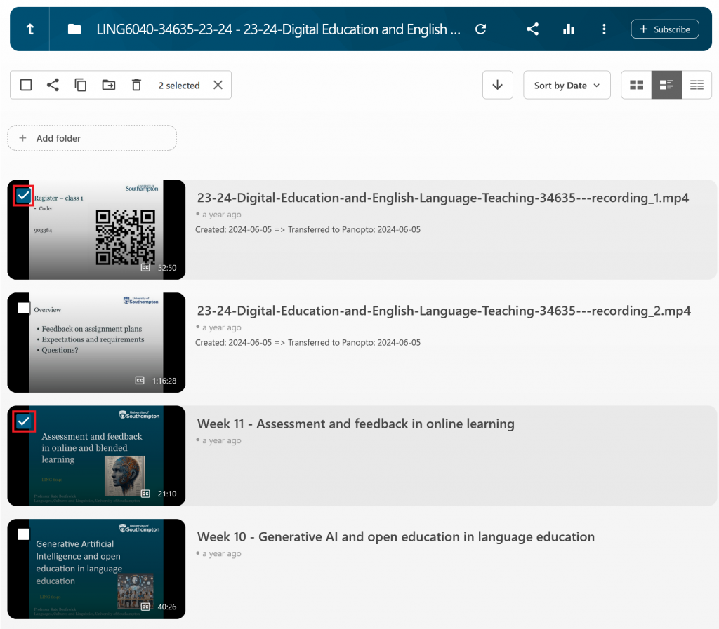 A screenshot showing a list of preview images of various Panopto recordings in a Panopto folder page.