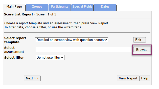 A screenshot of the "Score List Report - Screen 1 of 5" page. A purple rectangular border highlights the "Browse" button, located next to the "Select assessment" input field.