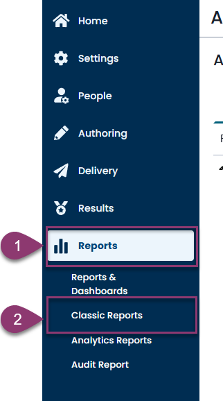 A screenshot of a website's navigation menu. A purple marker labeled "1" points to the "Reports" menu item, which is highlighted. Below it, a submenu is expanded, and a purple marker labeled "2" points to the "Classic Reports" option within this submenu, which is also highlighted.