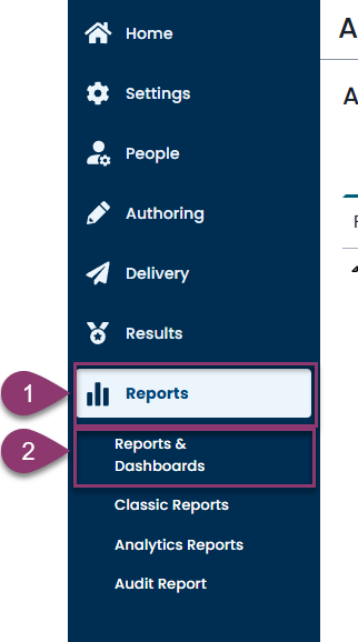 A screenshot of a website's navigation menu. On the left side, there's a dark blue vertical menu with several icons and text labels. The "Authoring" menu item is highlighted in light blue, and directly beneath it, "Standard Item Bank" is highlighted in a darker shade of blue. Two purple, teardrop-shaped markers with the numbers "1" and "2" point to "Authoring" and "Standard Item Bank" respectively.