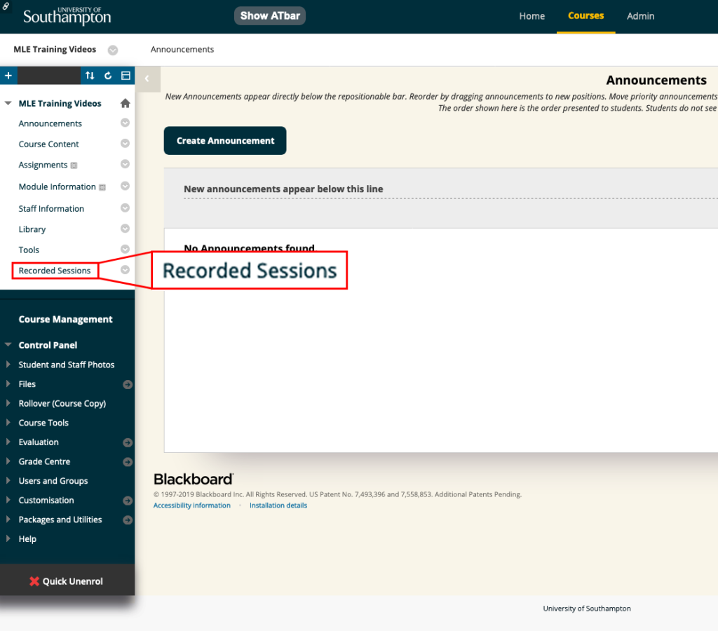 A Blackboard courses left menu items list, showing 'Recorded Sessions' (Panopto) item link.