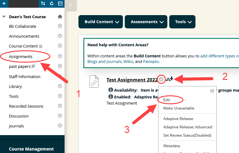 steps to open the edit menu of an assignment