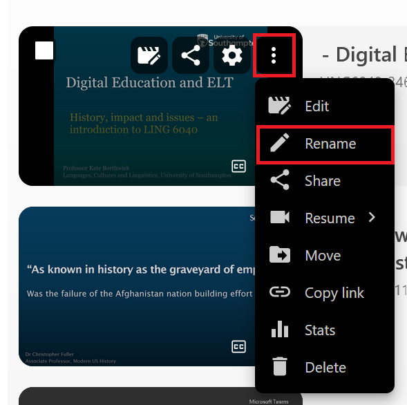 A focused screenshot image showing the 3 dots highlighted and a new submenu showing. The 2nd from the top option of rename is highlighted.