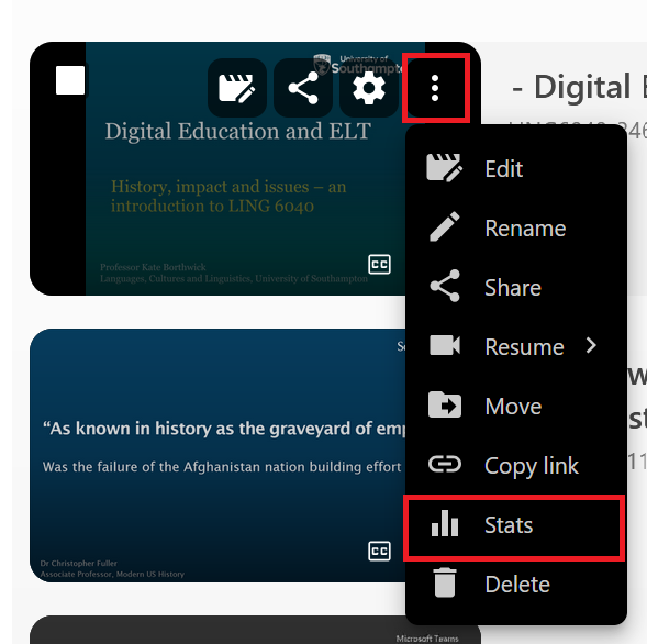 A Panopto recording showing its options. From left to right. Share. Settings and more Options has been expanded to show Edit. Stats and Delete.