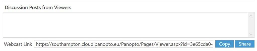 A highlight of the bottom part of a Panopto recorder showing a webcast url link that can be copied.
