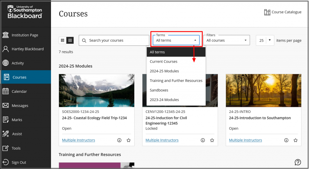Select the Terms filter to find course listed under headings such and previous years modules or Training and Further Recources. 