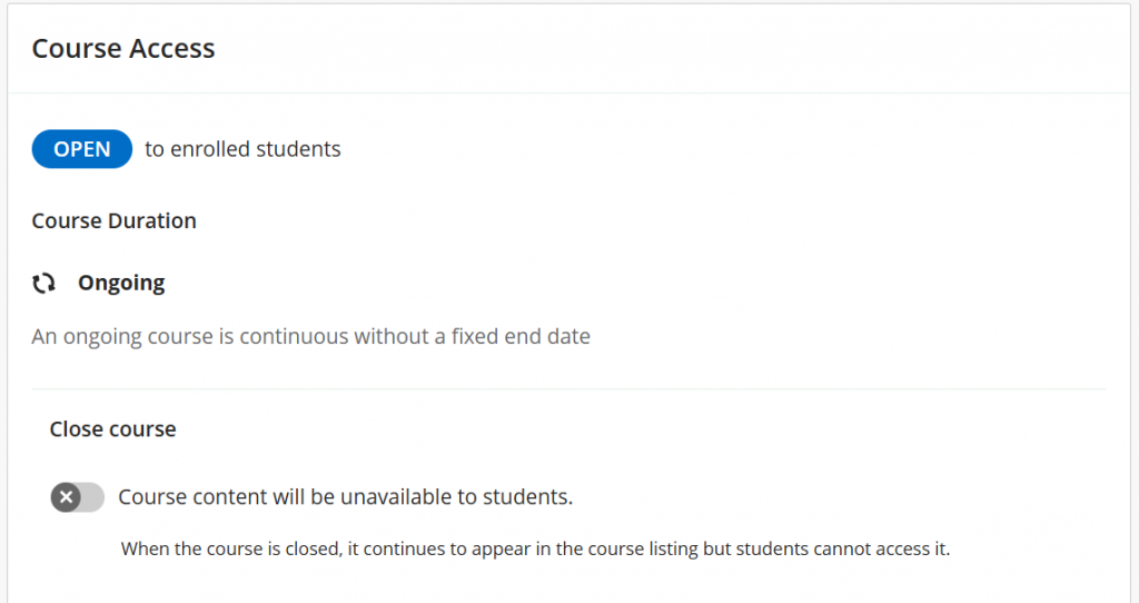 Screenshot of the course settings page. The course is open to students and the close course toggle is blue.