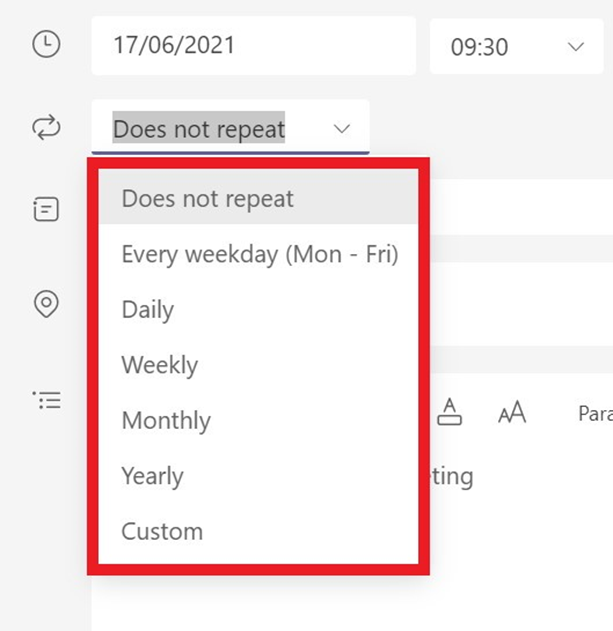 Option box for reoccurrence frequency.