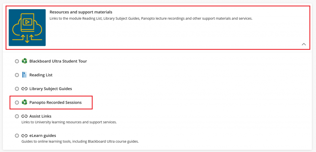 Screenshot of a Blackboard course content area highlighting the Panopto Recorded Sessions link.