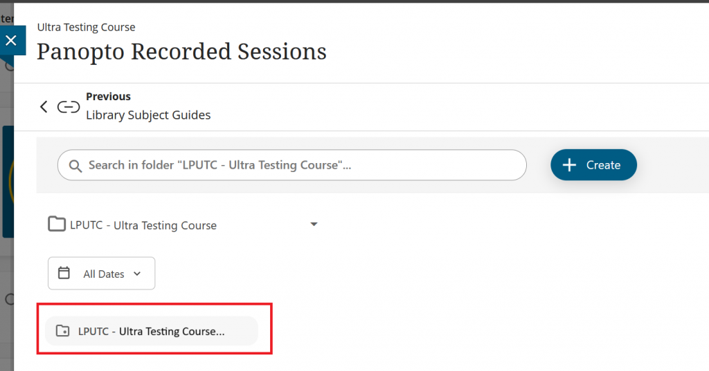 Screenshot of the Panopto interface on a Blackboard course. Highlighted is the subfolder for assessments.