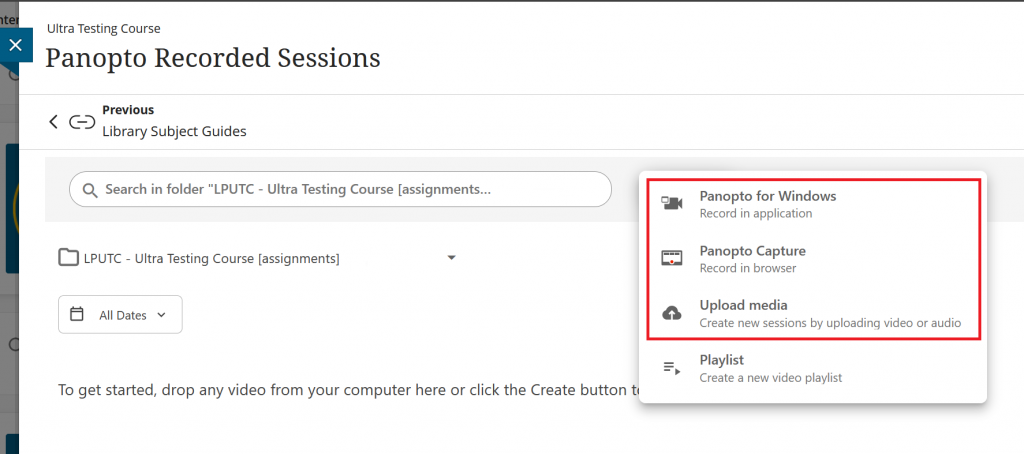 Screenshot of the Panopto interface on a Blackboard course. Showing the various inputs you can upload to Panopto.