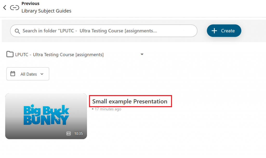 Screenshot of the Panopto interface on a Blackboard course. Showing an uploaded video, highlighting the text button to play/load the video.