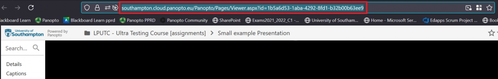 Screenshot of the Panopto interface on a Blackboard course. Showing the web link to the video which has been highlighted.