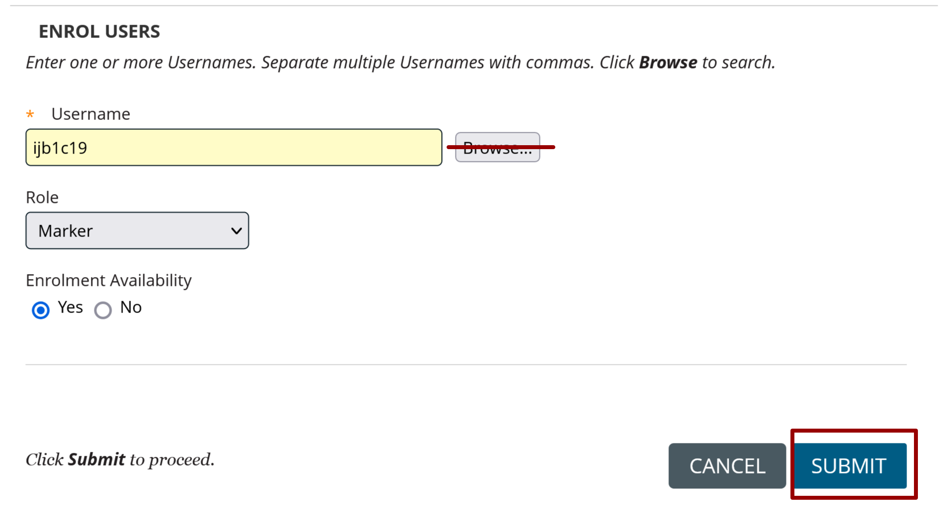 If you are pasting a user name into the Username box do not select Browse. 
Use Browse to search and select the username if you have not copied it. 