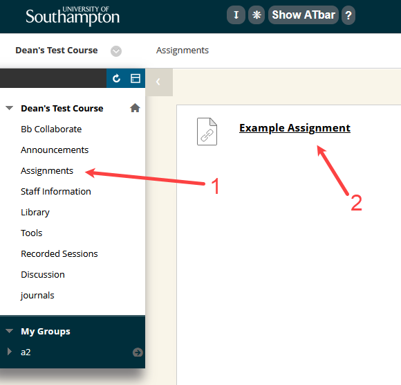 screen shot of a typical Blackboard course with sign posting to the relevant elements