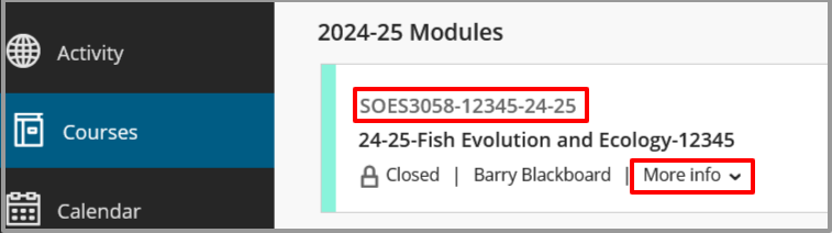 A Banner module course appears a Modules term heading. It has the format in the form of: SOES3058-1234-24-25
