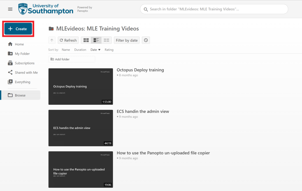 A focused view of the Panopto website interface, highlighting the 'Create' button. There is also a list of recordings that can be watched.