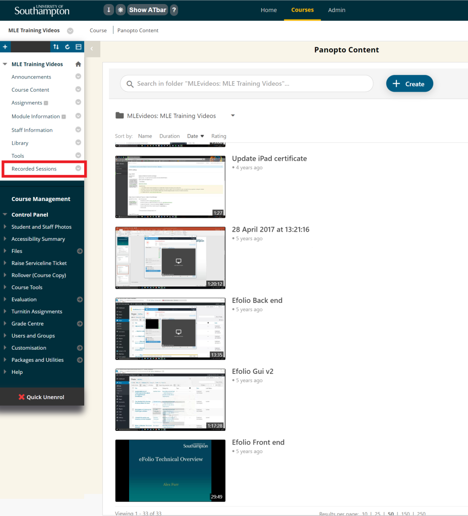 A webpage showing a Blackboard course, in it 'Recorded Sessions' is highlighted and the Panopto course interface is showing several videos in a list.
