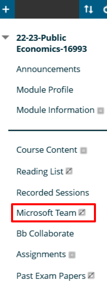the Link to Microsoft Team is on the defalult course menu below Recored Sessions.