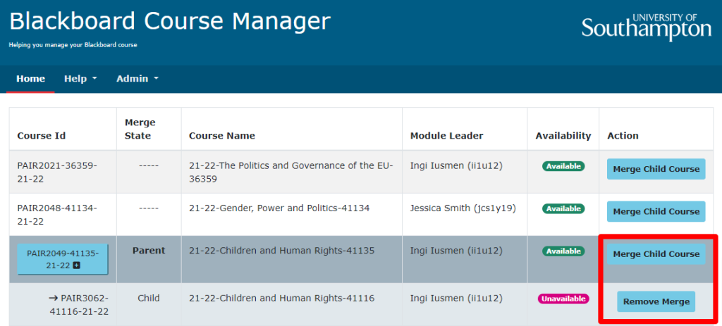 In the action column of the Blackboarde course manager you have options to Merge a Child course into the course in that row or remove a merge from a child course.