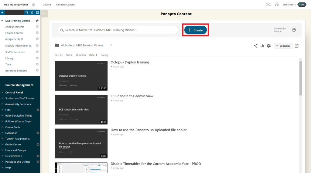 Showing a Blackboard courses page with Panopto 'Recorded Sessions' area showing. It has some videos in a list showing with the top 'Create' button highlighted. 