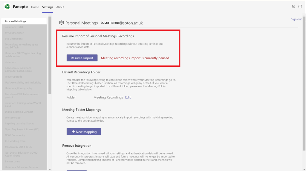 A focused view of the Panopto app settings page. Showing that the importing of personal meetings has stopped. 