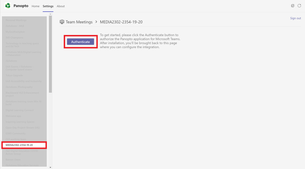 A focused view of the Panopto app settings page. From the list of different Teams groups, a group with a Blackboard course name has been selected. Highlighted on its settings is the 'Authenticate' button.