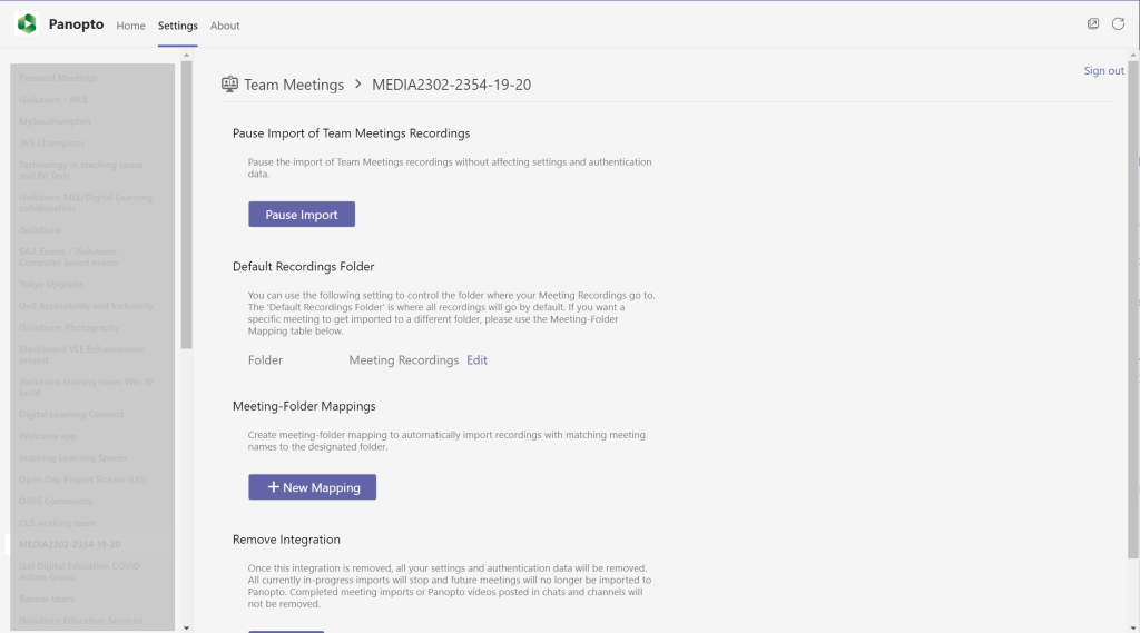 A focused view of the Panopto app settings page. Showing that the Teams group is now importing recordings.