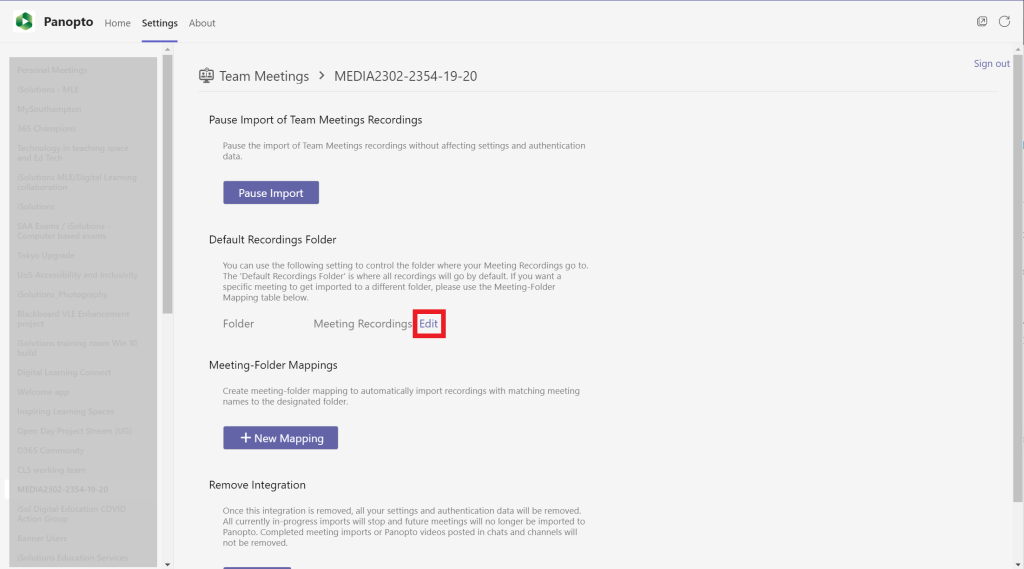 A focused view of the Panopto app settings page. Highlighted on the Teams group settings page is a text 'Edit' button.