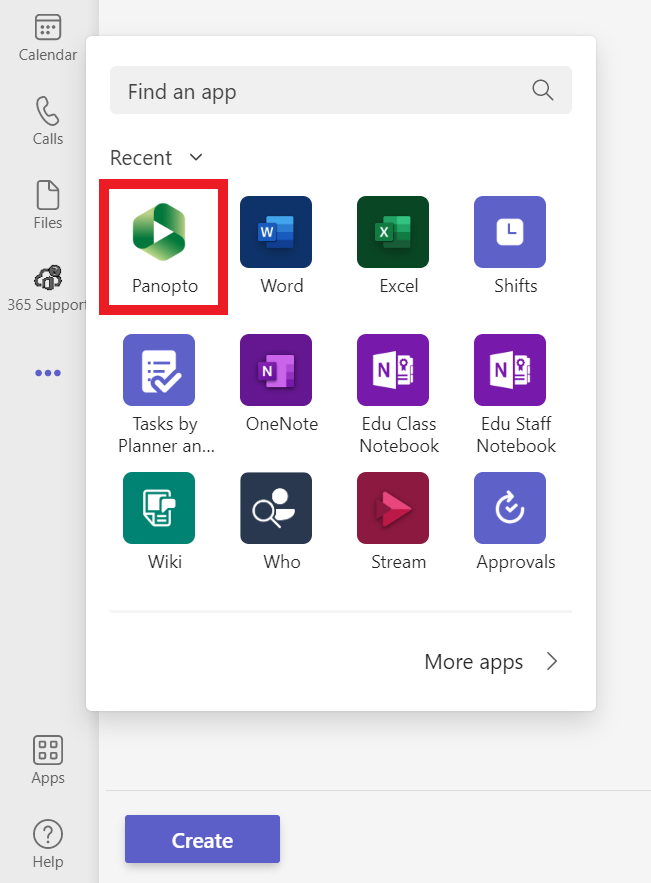 A focused look at the Teams interface, showing the more apps window. Highlighted is the Panopto app icon.