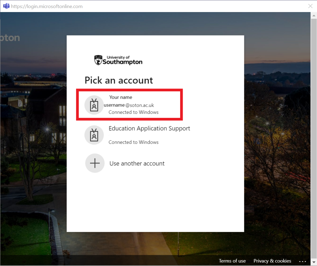 A focused view of the Blackboard login pop window. Showing the University login with an account page. Highlighted is a user account.