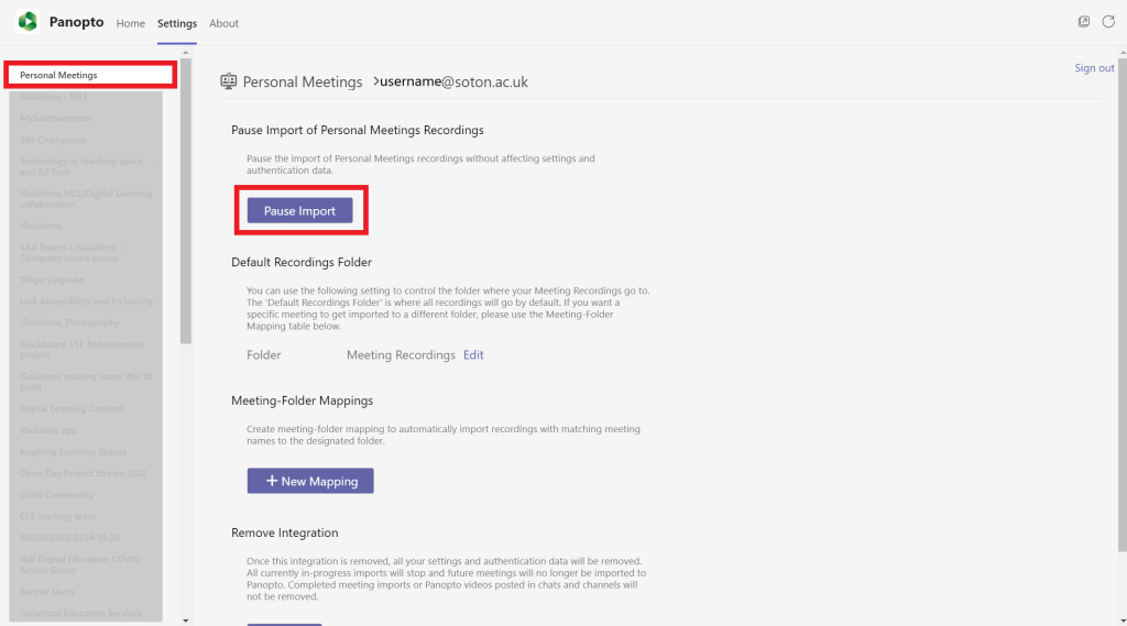 A focused view of the Panopto app settings page. On the left list of Teams group choices, the top option of 'Personal Meetings' is highlighted. On the main page for its settings the 'Pause Import' button is highlighted.