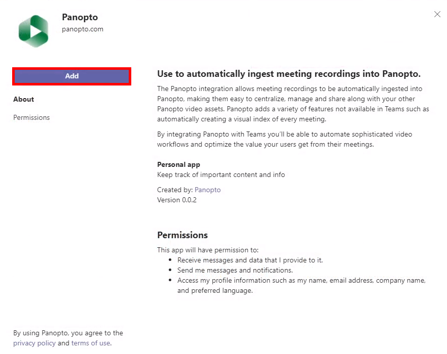 A focused look at the Teams interface, showing the Panopto app terms and conditions and allowing to add it to your Teams. Highlighted is the 'Add' button.