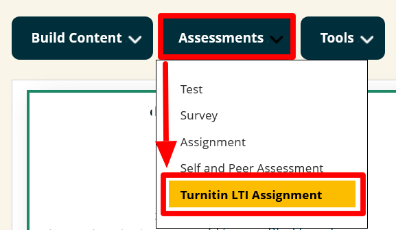 Select the Assessments option menu at the top of the page and Select Turnitin LTI Assignment.