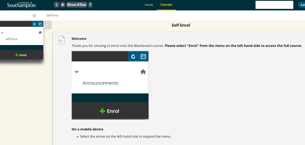 Screenshot of a Blackboard course with a "Self Enrol" instruction page visible to guests.