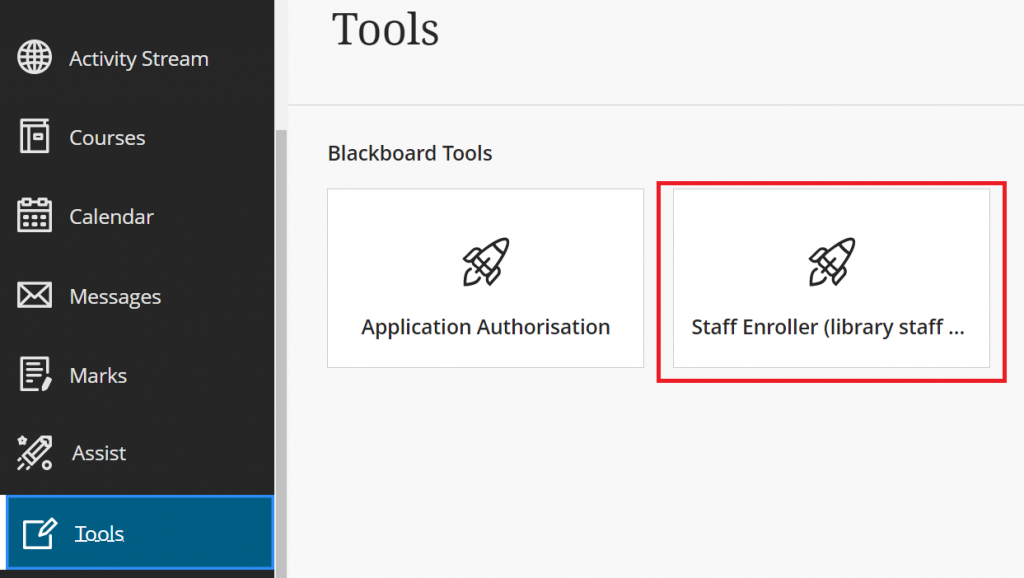 Screenshot of the tools area of Blackboard.