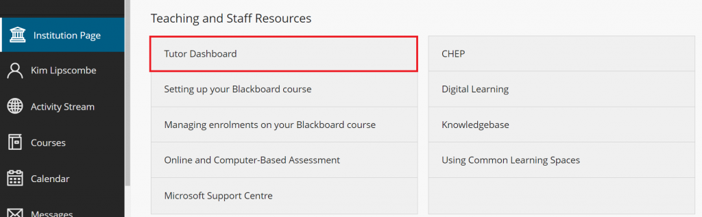 Screenshot of the Blackboard Institution Page for staff showing the Tutor Dashboard link highlighted in a red box