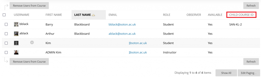 The column Child course ID will appear in the users list when child coures have been merged inot a parent course. 