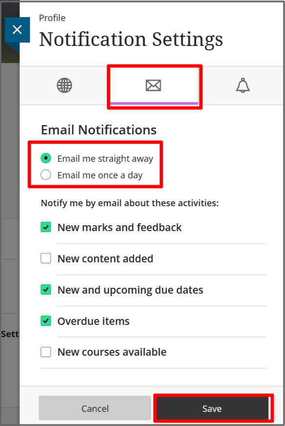 We recommend you set email notifications to "email me straight away". You can choose to recive other notifications via email such as: New marks and feedback, new and upcomming due dates, overdue items.