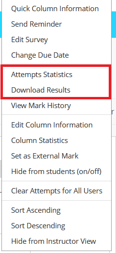 Screenshot of the drop down menu with the options "Attempts Statistics" and "Download Results" highlighted. These options are part way down the menu.