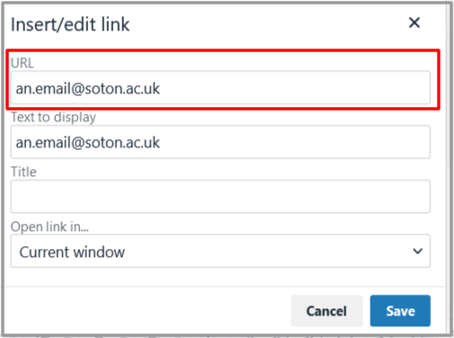 paste the email address into the URL field of the link. Select Save.