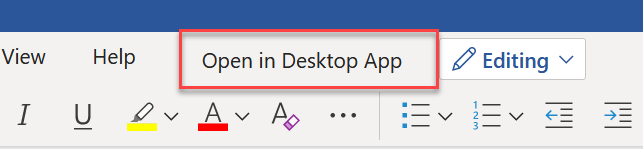 image showing where the "open in Desktop App" is on the menu bar in Word.